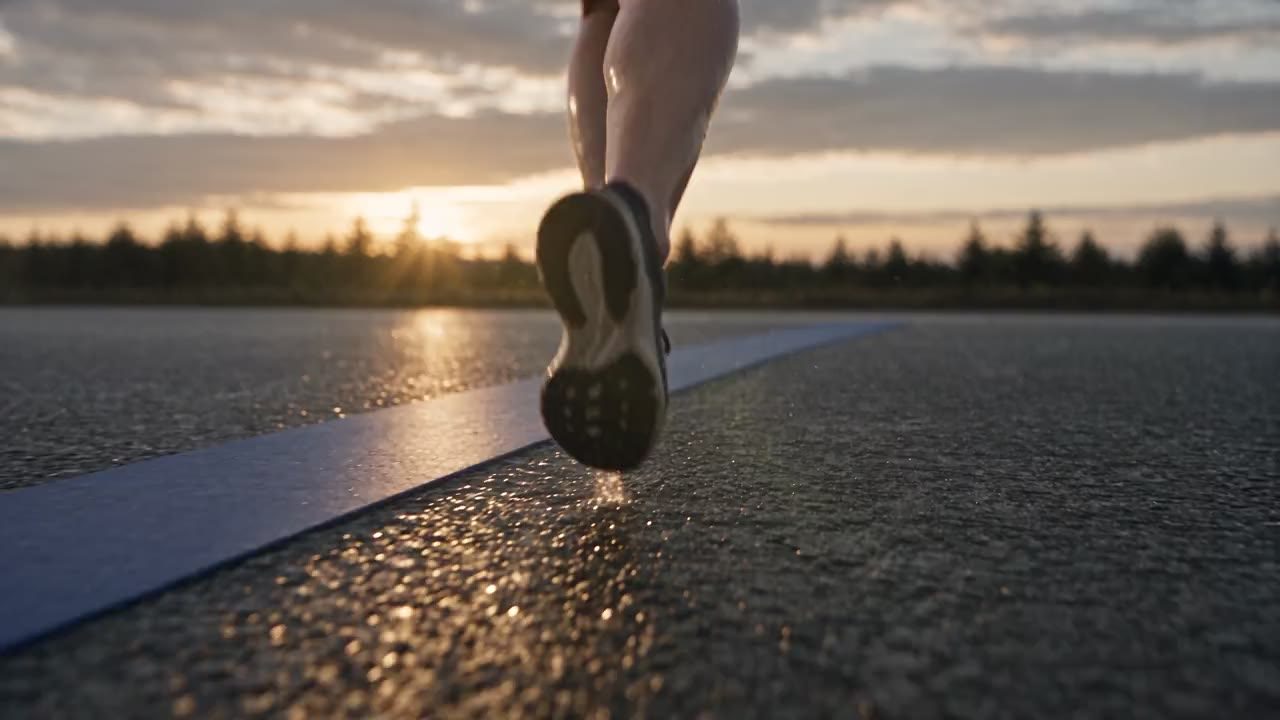 A runner's shoe striking the road at sunrise (generated image)