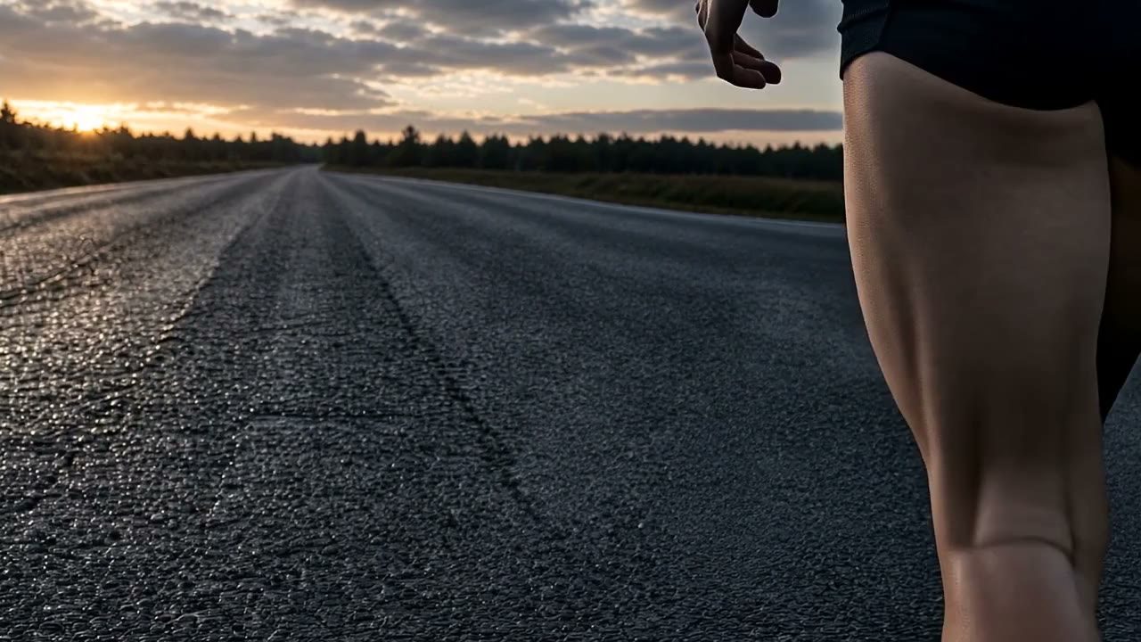 An empty road at sunrise with a runner's leg entering the frame (generated image)